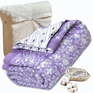 toaiart jaipuri quilt  lightweight comforterrazairajai  hand quilted  block printed reversible 3 layer premium mulmul cotton cotton wool filling single size 60 x 90  lavender kalamkari
