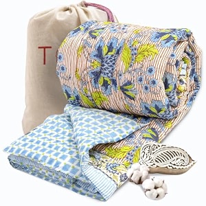toaiart jaipuri quilt  lightweight comforterrazairajai  hand quilted  block printed reversible 3 layer premium mulmul cotton cotton wool filling king size 108 x 90 large night flowers