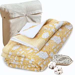 toaiart jaipuri quilt  lightweight comforterrazairajai  hand quilted  block printed reversible 3 layer premium mulmul cotton cotton wool filling single size 60 x 90  yellow kalamkari