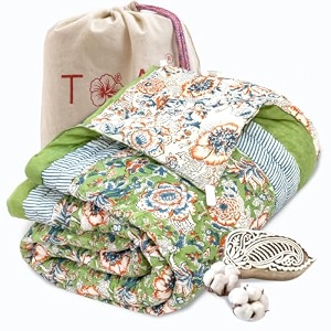 toaiart jaipuri quilt  lightweight comforterrazairajai  hand quilted  block printed reversible 3 layer premium mulmul cotton cotton wool filling single size 60 x 90  messy garden
