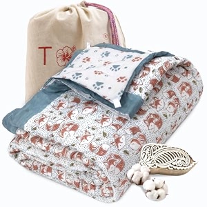 toaiart jaipuri quilt  lightweight comforterrazairajai  hand quilted  block printed reversible 3 layer premium mulmul cotton cotton wool filling single size 60 x 90  funny fox