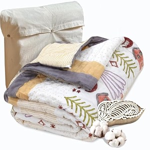toaiart jaipuri quilt  lightweight comforterrazairajai  hand quilted  block printed reversible 3 layer premium mulmul cotton cotton wool filling single size 60 x 90  yellow polka homes