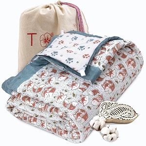 toaiart jaipuri quilt  lightweight comforterrazairajai  hand quilted  block printed reversible 3 layer premium mulmul cotton cotton wool filling baby size 40 x 60 funny fox