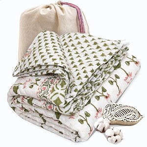 toaiart jaipuri quilt  lightweight comforterrazairajai  hand quilted  block printed reversible 3 layer premium mulmul cotton cotton wool filling single size 60 x 90  lotus vines