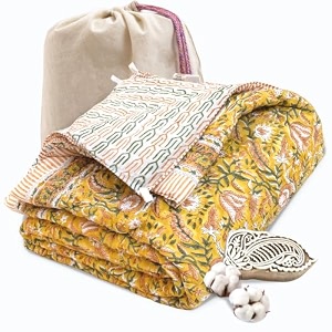 toaiart jaipuri quilt  lightweight comforterrazairajai  hand quilted  block printed reversible 3 layer premium mulmul cotton cotton wool filling single size 60 x 90 mohan van
