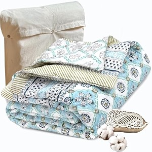 toaiart jaipuri quilt  lightweight comforterrazairajai  hand quilted  block printed reversible 3 layer premium mulmul cotton cotton wool filling queen size 90 x 108  small blue jaal