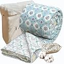 TOAIArt Jaipuri Quilt | Lightweight Comforter/Razai/Rajai | Hand Quilted | Block Printed Reversible 3 Layer| Premium Mulmul Cotton| Cotton Wool Filling| Queen Size 90” X 108” | Small Blue Jaal