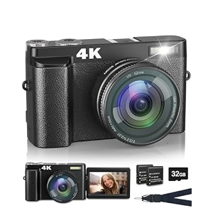 toauite 4k digital camera with flash 48mp camera for photography teens adults autofocus vlogging and youtube cameras with flip screen anti-shake 16x digital zoom 32gb card two batteries lanyard