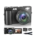 ToAuite 4K Digital Camera With Flash, 48Mp Camera For Photography Teens Adults Autofocus Vlogging And Youtube Cameras With Flip Screen, Anti-Shake, 16X Digital Zoom, 32Gb Card, Two Batteries, Lanyard