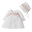 Toddler Baby Girl Long Sleeve Fall Dress Flower Lace Wedding First Birthday Baptism Christening Dresses with Hat Outfit