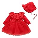 Toddler Baby Girl Long Sleeve Fall Dress Flower Lace Wedding First Birthday Baptism Christening Dresses with Hat Outfit