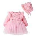 Toddler Baby Girl Long Sleeve Fall Dress Flower Lace Wedding First Birthday Baptism Christening Dresses with Hat Outfit