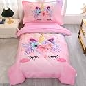 Toddler Bedding Set for Girls 4 Piece Pink Cartoon Unicorn Toddler Comforter Set for Baby Kids Crib Toddler Bed Sheet Set Bed-in-a-Bag with Quilted Comforter, Flat Sheet, Fitted Sheet, Pillowcase