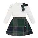 Toddler Girl Plaid Outfits Fall Winter Dress Knit Ribbed Bow Sweatshirt Tops and Button Fashion Skirts Set