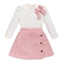 Toddler Girl Plaid Outfits Fall Winter Dress Knit Ribbed Bow Sweatshirt Tops and Button Fashion Skirts Set
