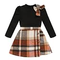 Toddler Girl Plaid Outfits Fall Winter Dress Knit Ribbed Bow Sweatshirt Tops and Button Fashion Skirts Set