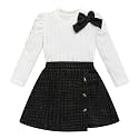 Toddler Girl Plaid Outfits Fall Winter Dress Knit Ribbed Bow Sweatshirt Tops and Button Fashion Skirts Set