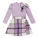 Toddler Girl Plaid Outfits Fall Winter Dress Knit Ribbed Bow Sweatshirt Tops and Button Fashion Skirts Set