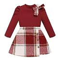 Toddler Girl Plaid Outfits Fall Winter Dress Knit Ribbed Bow Sweatshirt Tops and Button Fashion Skirts Set