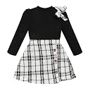 Toddler Girl Plaid Outfits Fall Winter Dress Knit Ribbed Bow Sweatshirt Tops and Button Fashion Skirts Set