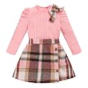 Toddler Girl Plaid Outfits Fall Winter Dress Knit Ribbed Bow Sweatshirt Tops and Button Fashion Skirts Set