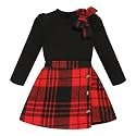 Toddler Girl Plaid Outfits Fall Winter Dress Knit Ribbed Bow Sweatshirt Tops and Button Fashion Skirts Set