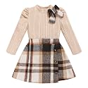 Toddler Girl Plaid Outfits Fall Winter Dress Knit Ribbed Bow Sweatshirt Tops and Button Fashion Skirts Set