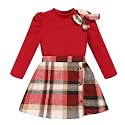 Toddler Girl Plaid Outfits Fall Winter Dress Knit Ribbed Bow Sweatshirt Tops and Button Fashion Skirts Set
