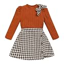 Toddler Girl Plaid Outfits Fall Winter Dress Knit Ribbed Bow Sweatshirt Tops and Button Fashion Skirts Set