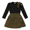 Toddler Girl Plaid Outfits Fall Winter Dress Knit Ribbed Bow Sweatshirt Tops and Button Fashion Skirts Set