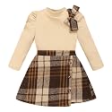 Toddler Girl Plaid Outfits Fall Winter Dress Knit Ribbed Bow Sweatshirt Tops and Button Fashion Skirts Set