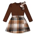 Toddler Girl Plaid Outfits Fall Winter Dress Knit Ribbed Bow Sweatshirt Tops and Button Fashion Skirts Set