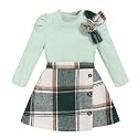 Toddler Girl Plaid Outfits Fall Winter Dress Knit Ribbed Bow Sweatshirt Tops and Button Fashion Skirts Set