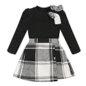 Toddler Girl Plaid Outfits Fall Winter Dress Knit Ribbed Bow Sweatshirt Tops and Button Fashion Skirts Set