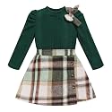 Toddler Girl Plaid Outfits Fall Winter Dress Knit Ribbed Bow Sweatshirt Tops and Button Fashion Skirts Set