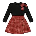 Toddler Girl Plaid Outfits Fall Winter Dress Knit Ribbed Bow Sweatshirt Tops and Button Fashion Skirts Set