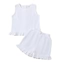 Toddler Girls Summer Outfits Ruffle Sleeveless Tank Top and Short 2 Piece Cotton Linen Back Buttons Clothes Set