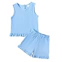 Toddler Girls Summer Outfits Ruffle Sleeveless Tank Top and Short 2 Piece Cotton Linen Back Buttons Clothes Set