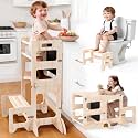 Toddler Kitchen Step Stool, 4-in-1 Foldable Standing Tower with Blackboard, Anti-Tip Learning Tower for Kitchen Counter &amp; Bathroom Sink, Kitchen Helper Stool for Kids, 1-3 Year Old Boy Girl Gifts