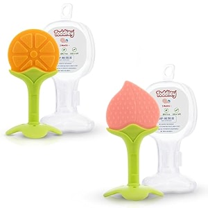 silicone baby teether with storage box for newborn infant babies  non-toxic amp bpa-free  baby teething baby pink amp orange set of 2