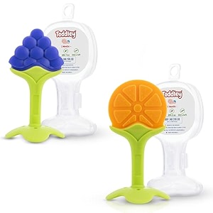 silicone baby teether with storage box for newborn infant babies  non-toxic amp bpa-free  baby teething blue amp orange set of 2