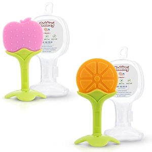 silicone baby teether with storage box for newborn infant babies  non-toxic amp bpa-free  baby teething pink amp orange set of 2