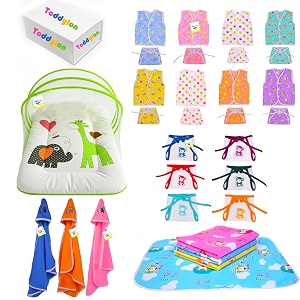 toddylon 30 in 1 new born baby products all gift pack  baby bedding set  baby clothes  essentials items  combo set  baby bed multicolor 0-6 months