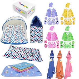 toddylon 34 in 1 new born products all combo  gift packs  maternity kit  baby clothes  baby bed  essentials items  baby shower 0-6 months blue