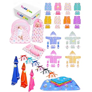 toddylon 56 in 1 new born gift set - maternity kit baby shower essentials clothes bedding and products combo 0-6 months multicolor