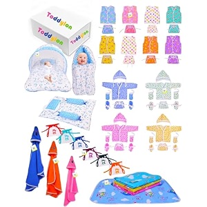 toddylon 56 in 1 baby gift pack for newborns  maternity kit  shower essentials  clothes  bedding  all-in-one combo set 0-6 months multicolor
