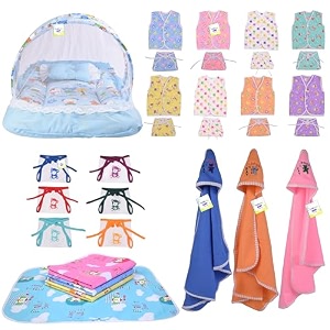 toddylon 30 in 1 new born baby products all gift pack  baby bedding set  baby clothes  essentials items  combo set  infants  just born boys girls  baby bed multicolor 0-6 months