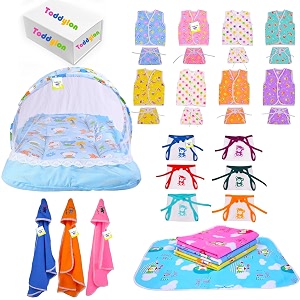 toddylon 30 in 1 new born baby products all gift pack  baby bedding set  baby clothes  essentials items  combo set  infants  just born boys girls  baby bed multicolor 0-6 months