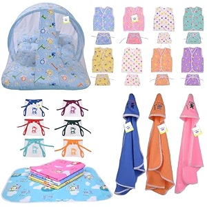 toddylon 30 in 1 new born baby products all gift pack  baby bedding set  baby clothes  essentials items  combo set  infants  just born boys girls  baby bed multicolor 0-6 months