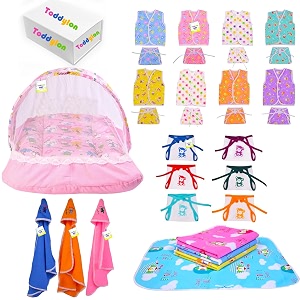 toddylon 30 in 1 new born baby products all gift pack  baby bedding set  baby clothes  essentials items  combo set  infants  just born boys girls  baby bed multicolor 0-6 months